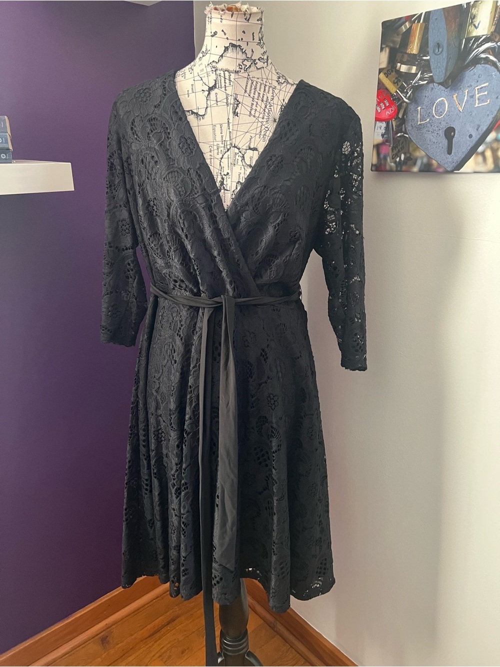 R&K Black Lace Overlay Plus Size Dress with Tie Waist